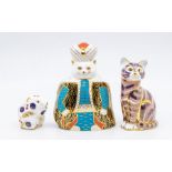 Three Royal Crown Derby paperweights, no stoppers, Royal cat, sitting cat and a gerbil