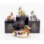 Four Royal Crown Derby paperweights of ducks, three with boxes, all gold stoppers