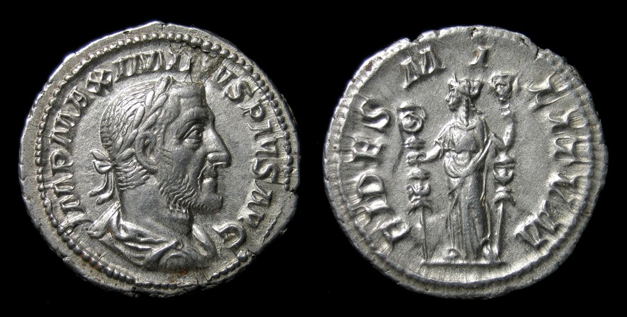 Maximinus Denarius.   AD 235 - 238. Silver, 2.75 grams. 19.97 mm. Obverse: Laureate bust right,