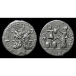 M. Furius L.f. Philius Republican Denarius.  119 BC. Silver, 3.64. 18.98 mm. Obverse: Laureate