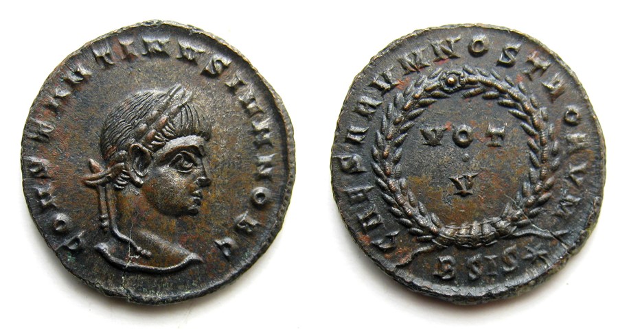 Constantine II Centenionalis.  AD, 317 - 337. Billon, 2.92 grams. 18.62 mm. Obverse: Laureate bust