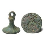 Medieval Seal Matrix.  Circa 14th century AD. Copper-alloy, 5.25 grams. 17.78 mm. A chess-piece type