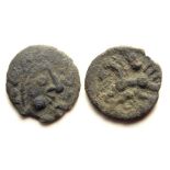 Dobunni Cotswold Cock Silver Unit. Size: 13mm, 0.74g. Obverse: Moon head right, pellet crescents