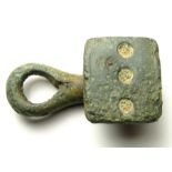 Celtic Toggle.  Circa 1st century AD. Copper-alloy, 12.24 grams. Size: 34.83 mm. A rectangular-