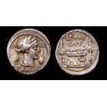 L. Furius Cn.f. Brocchus, Denarius,  Circa, 63 BC. Silver 3.90 grams. 18 mm. Obverse: Wreathed and