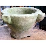 Marble font or mortar, with concrete base, approx 26cm high & 38cm wide.