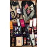 A collection of Masonic regalia including several jewels including knights of Malta & knights