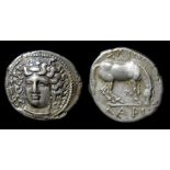 Ancient Greek, Thessaly, Larissa Drachm  Circa 400-344 BC. Silver, 6.2 grams. Obverse: Head of the