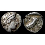 Ancient Greek, Attica, Athens Tetradrachm.  Circa 490-430 BC. Silver, 17.4 grams. Obverse: Head of