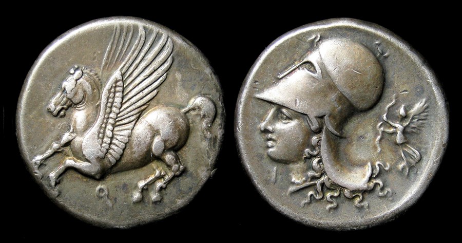 Ancient Greek, Corinth Stater,  Circa, 338 B.C. Silver, 8.5 grams. Obverse: Pegasus with pointed