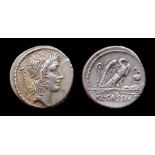 Q. Cassius Longinus Denarius.  Circa, 55 BC. Silver, 3.85 grams. 18.5 mm. Obverse: Head of Genius