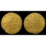 Richard II / Edward III Half Noble Mule.   AD 1377-99. Gold, 3.47 grams. 25.73 mm. Obverse: King