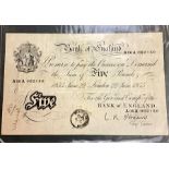 Bank of England Banknote, Five Pounds 1955 June 22nd, A06A 062150, L. K. O’Brien.  Condition,