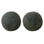 Medieval Jetton.   Circa 15th century. Copper, 5.82 grams. 27.01 mm. Obverse: Shield enclosing three