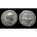 Domitian Denarius.  AD 81 - 96. Silver, 3.36 grams. 18.21 mm. Obverse: Laureat bust right, CAESAR