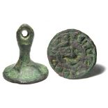 Medieval Seal Matrix.   Circa 14th century AD. Copper-alloy, 6.55 grams. 19.82 mm. A chess-piece