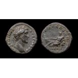 Antoninus Pius As.  Circa, AD 141-143. AE, 11.80 grams. 26 mm. Obverse: Laureate bust right,