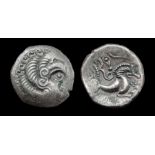 Armorica, Coriosolites Ogmios and V Boar Stater.  Circa, 58 - 52 BC. Silver, 6.42 grams. 19.97 mm.