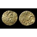 Corieltavi North East Coast Gold Stater.  Circa 60-50 BC. Gold, 5.93 grams. 18 mm. Obverse: