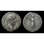 Marcus Aurelius Denarius.   AD 138-192. Silver, 3.22 grams. 18.17 mm. Obverse: Bare head right,