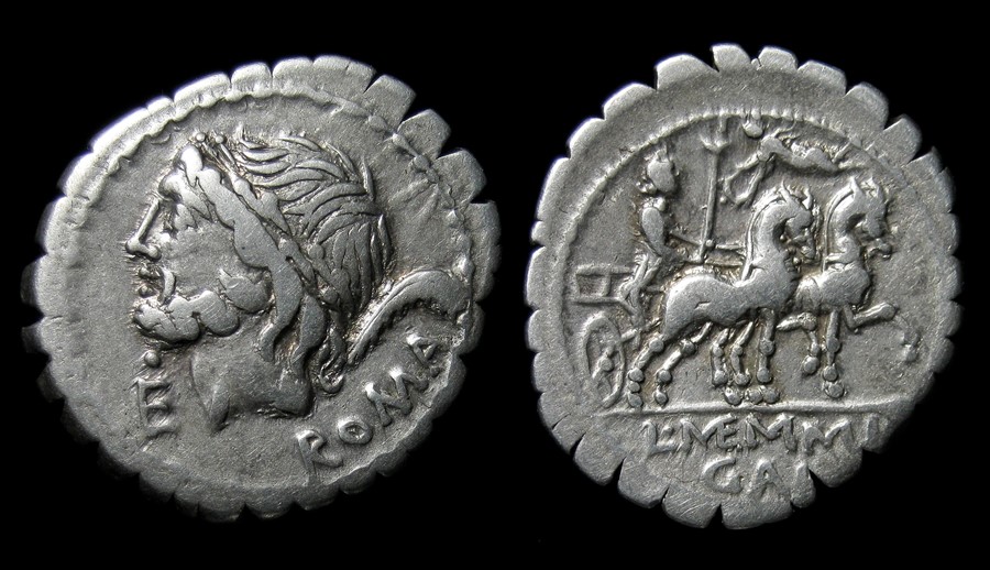 L. Memmius Galerius Denarius.  106 BC. Silver, 3.81 grams. 19.91 mm. Laureate head of Saturn left, E