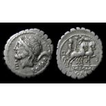 L. Memmius Galerius Denarius.  106 BC. Silver, 3.81 grams. 19.91 mm. Laureate head of Saturn left, E