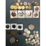 World silver coins, includes a 1780 SF Thaler with token coins and gaming tokens with a small