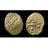 Iceni Norfolk Wolf Gold Stater.   Circa, 60-54 BC. Gold, 6.10 grams. 19 mm. Obverse: Wreath, cloak