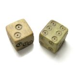 Roman Dice.  Circa 1st - 4th century AD. Size: 10.95, 10.54 mm. Two bone or ivory dice with each