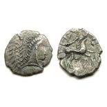 Iceni Norfolk God Silver Unit.  Circa, AD 10 - 15. Silver, 0.9 grams. 14.5mm. Obverse: Male head