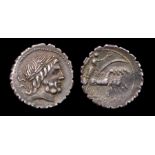 Q, Antonius Balbus Denarius.  Circa 83-82 BC. Silver, 3.44 grams. 19.5 mm. Obverse: Laureate head of