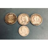 Crowns, 1676 OCCTAVO (holed), 1890, 1897 LXI, Half Crown 1898,    Condition 1676 holed, all have