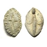 Lead Vesica Seal Matrix. Circa 13th century AD. Lead, 15.9 grams. 36 x 23 mm. A Vessica type seal