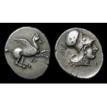 Ancient Greek, Colonies of Corinth, Levcas.  Circa 357 B.C. Silver 8.5 grams. Obverse: Pegasus