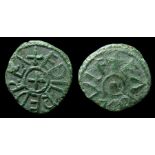 Aethelred Styca.   Second reign, 843-850. Copper, 0.97 grams. 13.54 mm. Obverse: +EDILRED REX,