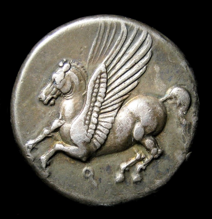 Ancient Greek, Corinth Stater,  Circa, 338 B.C. Silver, 8.5 grams. Obverse: Pegasus with pointed - Image 2 of 3