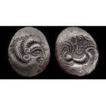 Armorica, Coriosolites Ogmios and V Boar Stater.  Circa, 58 - 52 BC. Silver, 6.19 grams. 22.35 mm.