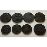 Early Milled Copper Coins. Includes halfpennys William III 1697, George II 1738, 1749, 1754 George