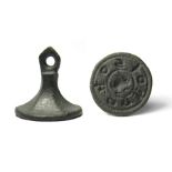 Medieval Seal Matrix.  Copper-alloy, 6.19 grams. 17.43 x 17.91 mm. Circa 14th century. A chess-piece