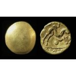 Ambiani, Gallic War Uniface Gold Stater.  Circa, 60-55 BC. Gold, 6.17 grams. 16. mm. Obverse: Blank.