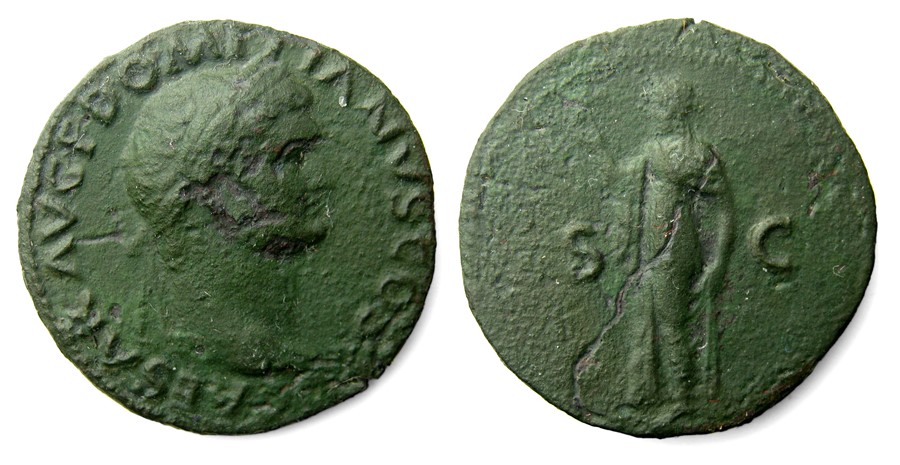 Domitian As.  AD 81 - 96. Copper, 8.09 grams. 26.85 mm. Obverse: Laureate bust right, CAESAR AVG F