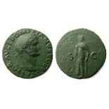 Domitian As.  AD 81 - 96. Copper, 8.09 grams. 26.85 mm. Obverse: Laureate bust right, CAESAR AVG F