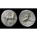 CALABRIA, Tarentum. AR Nomos.  Circa 280-272 BC. Silver, 6.6 grams. Obverse:  Youth on horseback