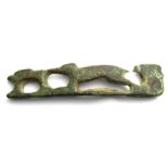 Roman Folding Knife Handle.  Circa 2nd - 3rd century AD. Bronze, 16.04 grams. 63.03 mm. An open-work