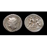 Q. Minucius Thermus M. f. Denarius.  Circa, 103 BC. Silver, 4.02 grams. 20 mm. Obverse: Helmeted
