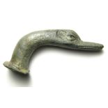 Roman Swan Head Mount.  Circa 2nd century AD. Size: 56.39 mm. A cast bronze mount in the form of a