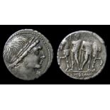 L. Memmius Republican Denarius.   109/108 BC. Silver, 3.98 grams. 19.65 mm. Obverse: Young male head