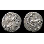 Sextus Pompeius Fostulus Denarius.   137 BC. Silver, 3.97 grams. 19.08 mm. Obverse: Helmeted head of