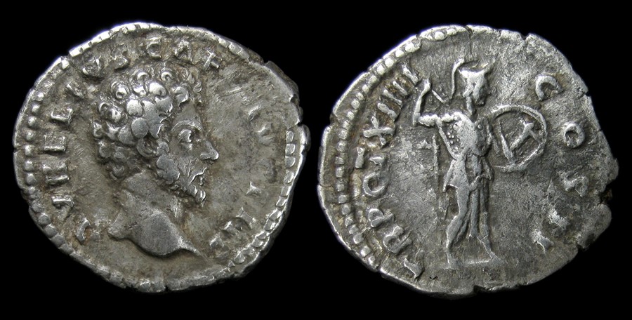 Marcus Aurelius Denarius.   AD 161 - 180. Silver, 2.70 grams. 18.88 mm. Obverse: Bare head right,