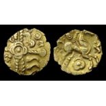 Catuvellauni Rose Wings Quarter Stater.  Circa, 40 BC. Gold, 1.21 grams. 12mm. Obverse: Crossed